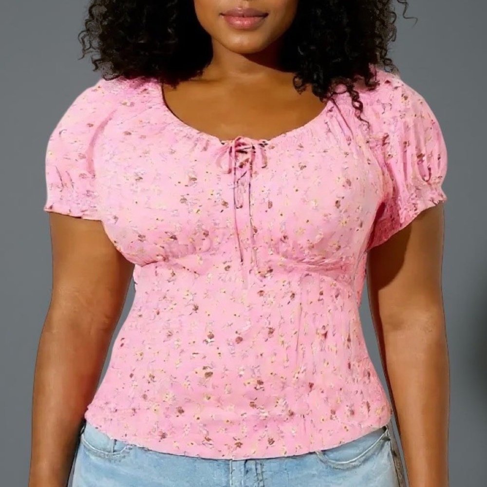 TORRID Pink Floral Challis Puff Short‎ Sleeve Crop Top NWT Size 2X